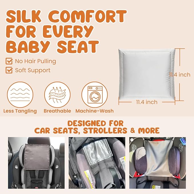 PROMEED 100% Silk Baby Car Seat Headrest Cover - Natural Mulberry Silk Carseat Head Cover for Baby Hair Protection, Ultra-Soft and Breathable (Light Grey)