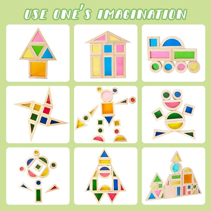 WOODENFUN Wood Building Blocks Set for Kids, 32 Pcs Rainbow Stacker Stacking Game Construction Toys Set Preschool Colorful Learning Educational Toys, Geometry Wooden Blocks for Boys Girls