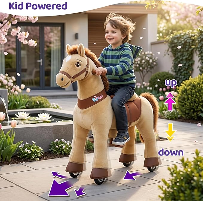 PonyCycle Ride on Horse Ride on Toys Riding Horse Ride on Pony for Toddlers 3-4 with Brake Essential Model E (30" Height/Size 3/ Light Brown) Riding Toys for Kids Gifts Plush Animal Pony Ride E336