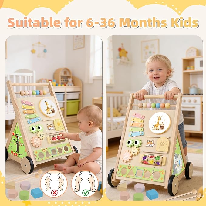 Wooden Baby Walker with Wheels Baby Push Walker for Boys Girls 6-12 Months Wooden Walker Activity Center Walking Toys for 1 Year Old Learning to Walk Sit to Stand Walker for Baby 12-18 Months Push Toy