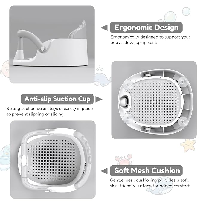 Baby Bath Seat for Babies 6 Months & Up Sitting Up | 360° Stable Toddler Bath Chair with One-Touch Button | Baby Bath Tub Seat with Suction Cups | Open Design, Compact, Detachable, Non-Slip(Grey)