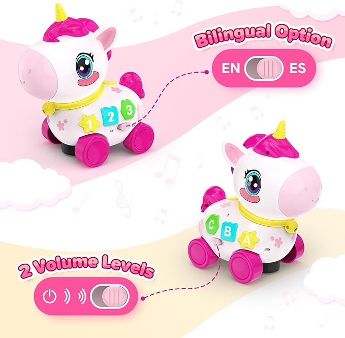 Bilingual Musical Crawling Toy for 1 Year Old Girl Gifts,Musical Unicorn Toys for Baby 6-12 Months,Baby Toys 6-12-18 Months,Toddler Educational Toy,Birthday Gifts with Music Light,Baby