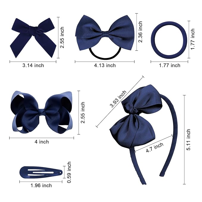 DEEKA Navy Blue Hair Accessories Set - 15 Pieces Uniform Hair Bows, Hair Clips, Headband, Hair Ties for Little Girls - Navy Blue