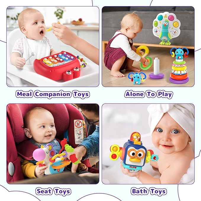 usrela 5 in 1 Baby Toys for 12 18 Month, Learning Toy for Babies 12-18 Months, Baby Busy Cube, Stacking&Sensory, Pull String&Piano Xylophone Toy, Birthday Gift for 12+ Month