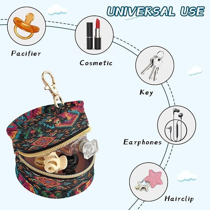 Pacifier Holder with Clip Pacifier Case for Diaper Bag Round Baby Pacifier Pouch Box Bag Portable Mexico Ethnic Geometric Red