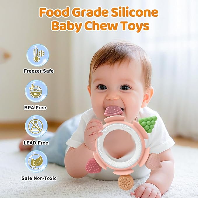 Baby Teething Ring Toy for 3-12 Months, Silicone Infant Teether for Sore Gum Relief, Soothing Sensory Chew Toy, Ideal Newborn Gift for Boys Girls Baby Shower, Birthday or Easter, Pink