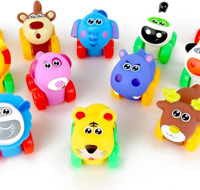 Big Mo's Toys Animal Cars - Soft Rubber Cartoon Animal Push Toy Vehicles for Babies and Toddlers - Pack of 12