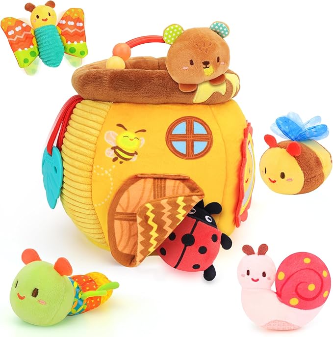Baby Toys 6-12 Months - Soft Honey Jar with 6 Sensory Insect Stuffed Animals Montessori Plush Toys W/Rattle, Crinkle Paper, Mirror for Toddlers 1 2 3 Year Motor Skills Developmental