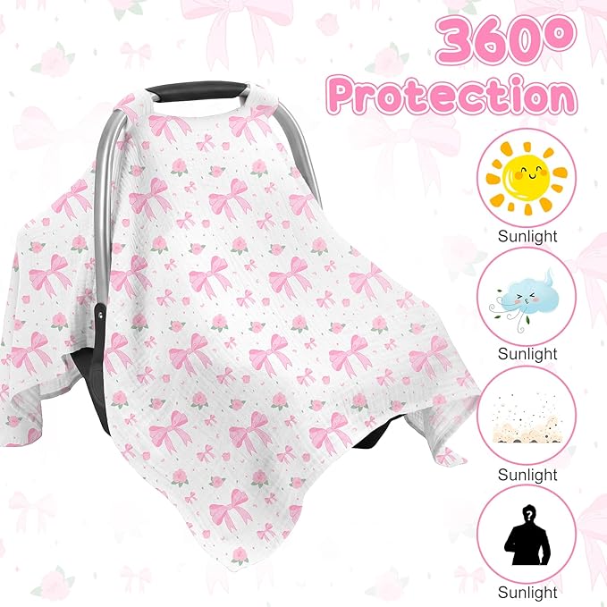 Car Seat Cover Baby, 100% Muslin Cotton Infant Car Seat Canopy, Universal Baby Car Seat Cover, Breathable Nursing Cover Canopy Shower Gift Pink Bow
