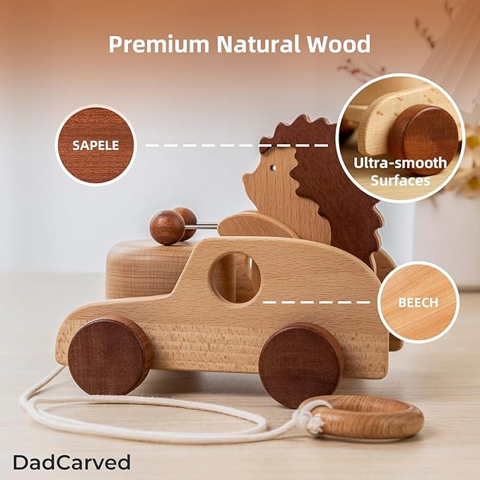 Hedgehog Pull-Along Toy | Musical Wooden Pull Toy with Wooden Grip Ring | Natural Drumming Sound for Toddlers 1.5+ Years