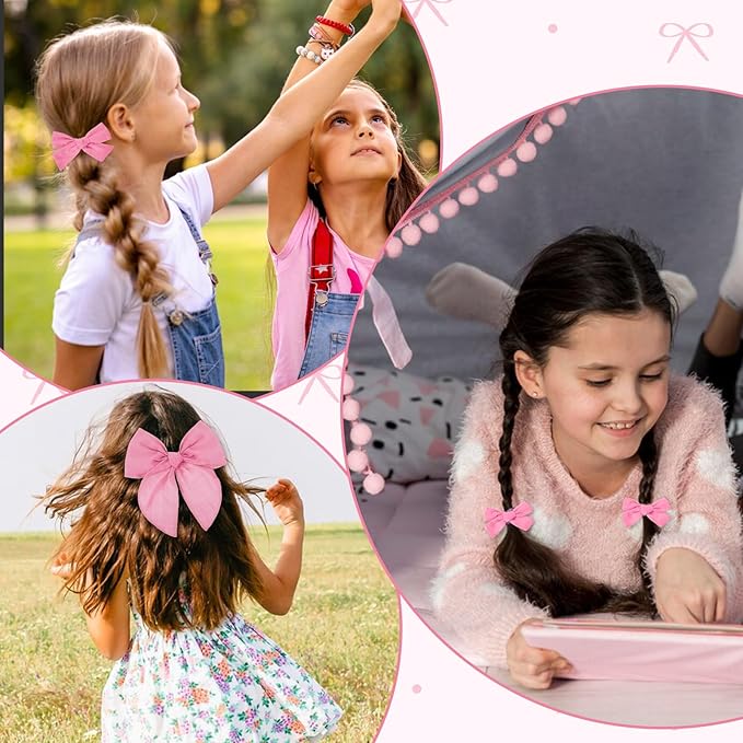 4 Pcs Pink Cotton Linen Hair Bows, Girls Bows for Hair, Toddler Hair Bows, Alligator Clips Knot Hair Bows for Girls, Light Pink, 3 Styles & 3 Sizes