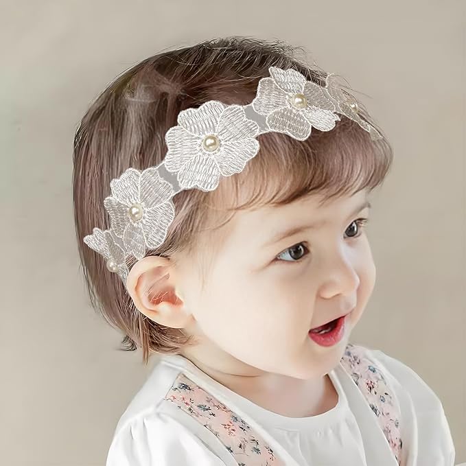 Baby Girls Flower Headbands Cute Kids Christening Headband Soft Lace Hairbands Floral Crown Newborn Infant Toddlers Hair Accessories for Birthday Party Photography(White Flower)