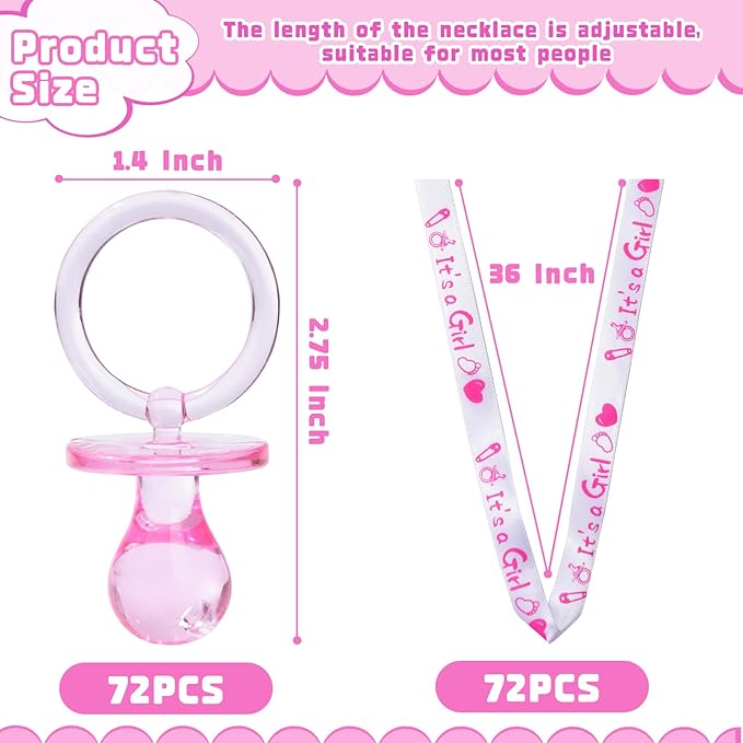 72 Cute Pacifier Necklaces for Baby Shower Girls & Boys Party Favors, Gender Reveal Party Table Scatter, Baby Shower Necklace Game (Pink)