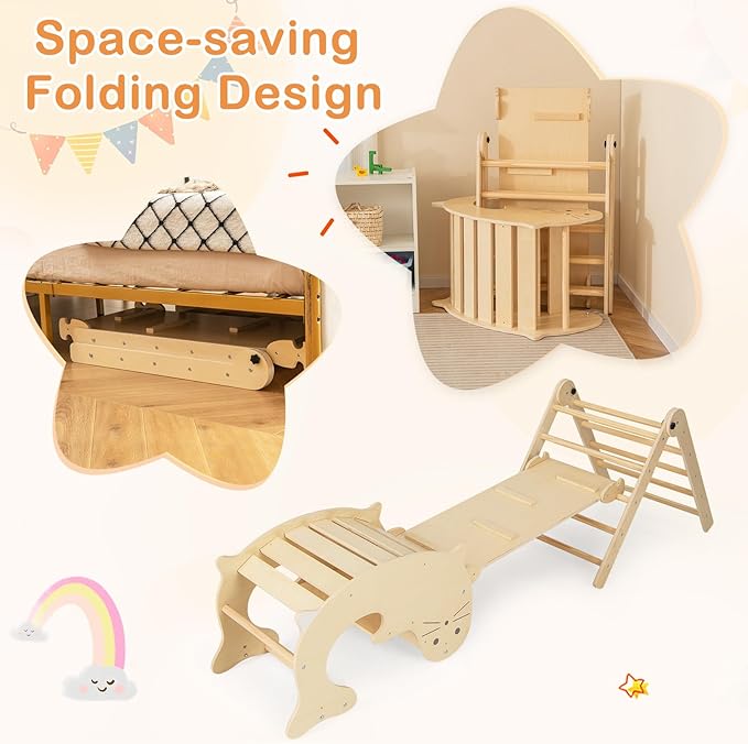 HONEY JOY 7 in 1 Climbing Toys for Toddlers, Wood Triangle Climber w/Ramp for Sliding or Climbing, Rocker, Foldable Montessori Triangle Climbing Arch Set for Daycare, Gym & Playground, Natural