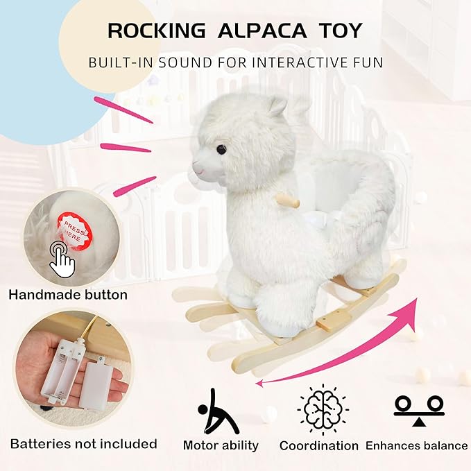 Baby Rocking Horse, Plush Alpaca Rocking Horse with Music, Wooden Riding Horse for Toddlers 1-3 Year, Toddler Stuffed Ride-on Rocker Animals Toy for Christmas Birthday Gift White