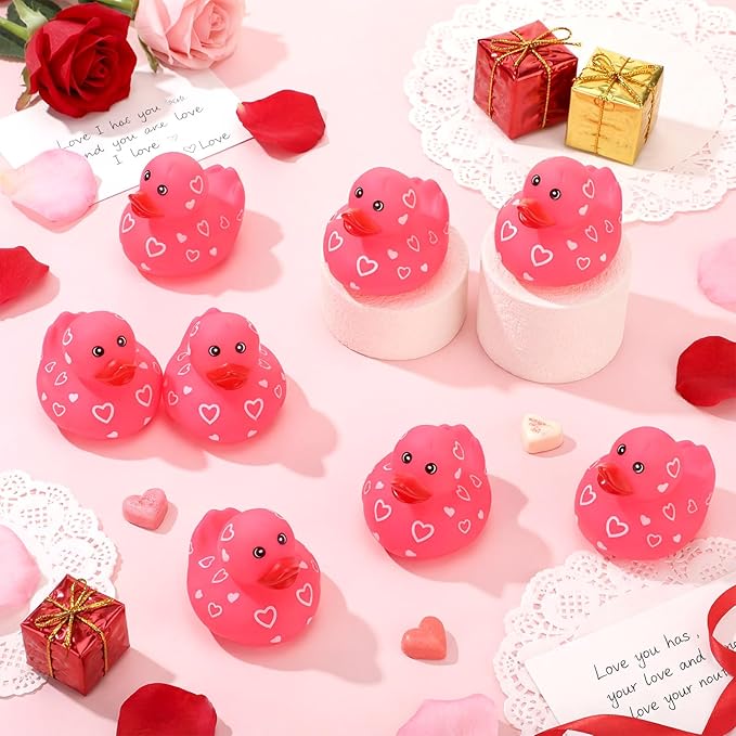Jerify 10 Pcs 3 Inch Large Valentine's Day Rubber Ducks Bulk Valentine Large Pink Sweetheart Duckies Rubber Ducks for Bathtub Toys Party Favors Decorations Classroom Prizes Exchange Gifts