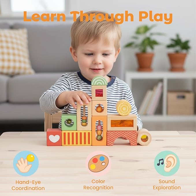 Fun with Sounds Wooden Discovery Blocks for Toddlers with Acoustic Sounds, Toddler Toys for Preschool Learning Activities (Red)