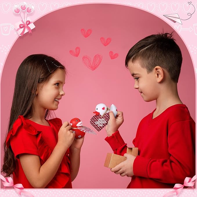 Jerify 24 Pcs 2 Inch Valentines Rubber Ducks Bulk with Gift Cards Mini Heart Rubber Duckies Bath Toys Valentine's Day Gift for Kids Classroom Favors Prizes Exchange (Colorful)