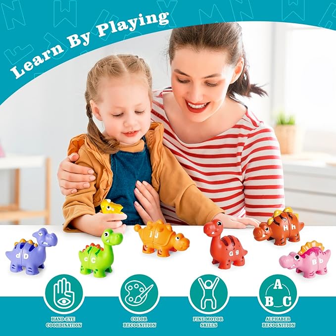 52 PCS Dinosaur Alphabet Learning Toys for Toddlers 2-4, 10 Different Dinosaur Figures, Double Sided ABC Matching Game, Preschool Activities Montessori Fine Motor Toys for Toddlers Kids