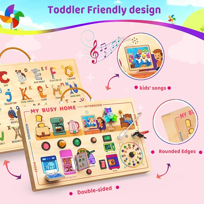 UdoUto My Busy Home Montessori Busy Board for Toddlers 1-3 - Wooden Sensory Activity Board with Kitchen Appliances, Switches, Clock | Educational Fine Motor Skill Toy for 1+ Year Old Boys Girls