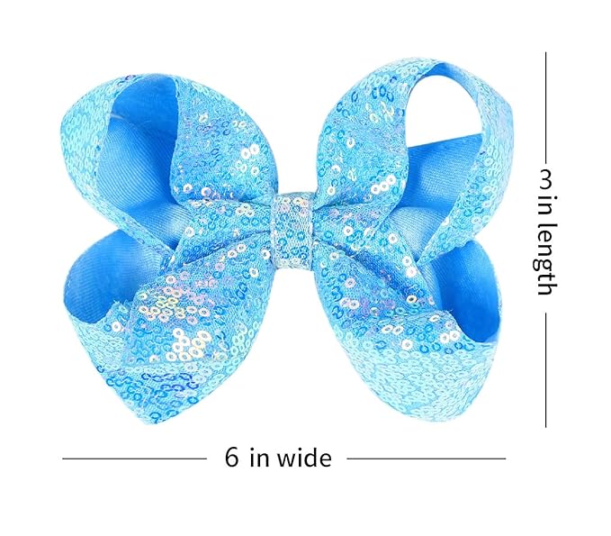 6 Inch Sky Blue Sparkly Glitter Sequin Hair Bows for Girls Toddlers Kids Children Teenage (2PCS)