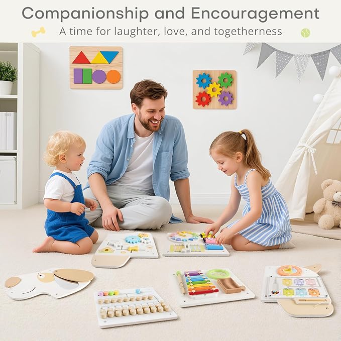 Wooden Dog Wall Busy Board Panels, Sensory Wall Activity Board for Toddlers 1-3, Montessori Learning Activity Center, Educational Toys for Kids Room, Preschool & Daycare