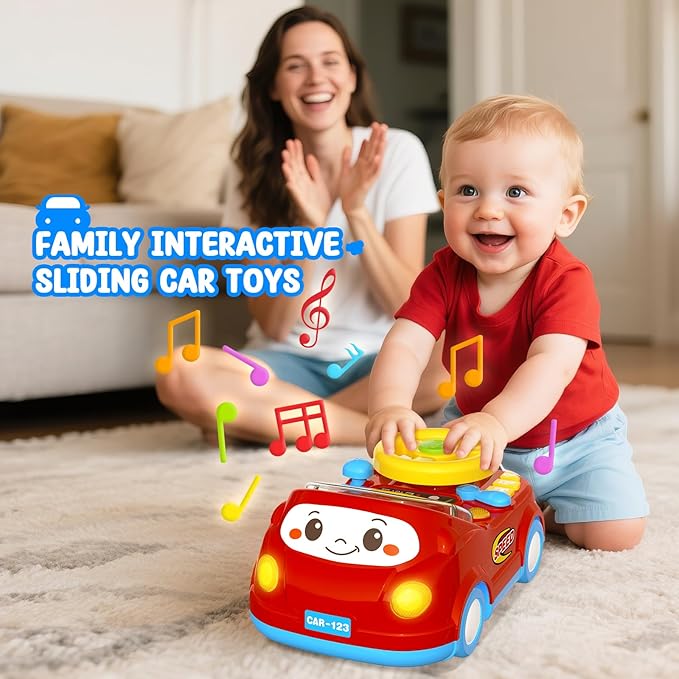 Toys for 1 Year Old Boy Gifts - 2-in-1 Toddler Push Car & Musical Racing Adventure Steering Wheel Driving Game, Interactive Simulated Driving Car for Baby 12-18 Months, Birthday Gift Ages 1-2,Dark Red