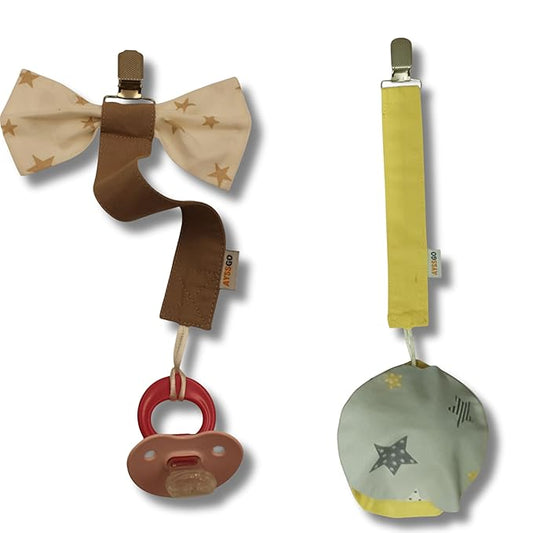 Protective Pacifier Clip, Bowtie & Round – Ultra-Durable & Handmade, 2-Pack with 100% Cotton Fabric – Safe & Stylish Baby Essential