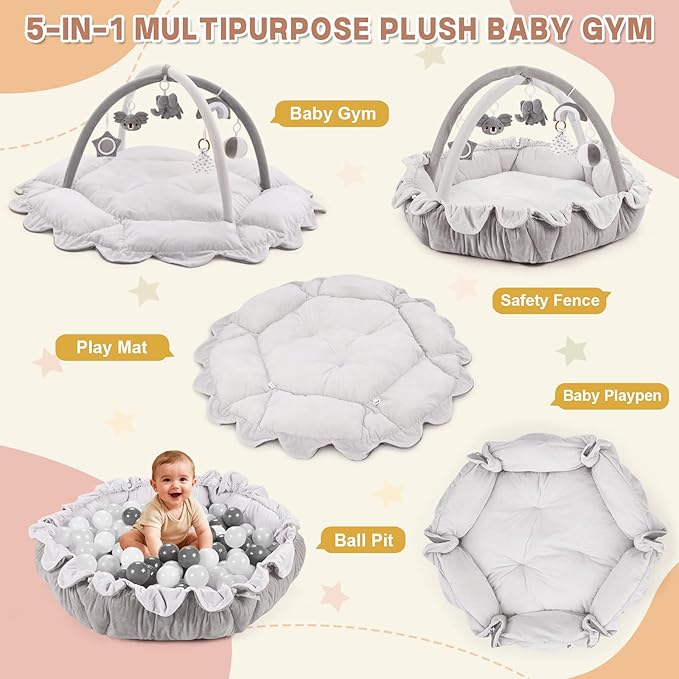5-in-1 Baby Activity Gym & Play Mat with 6 Hanging Toys, Tummy Time Mat & Cards - Extra Large, Reversible Machine Washable Pad - Gift for Newborns, Infants 0-12 Months, Grey