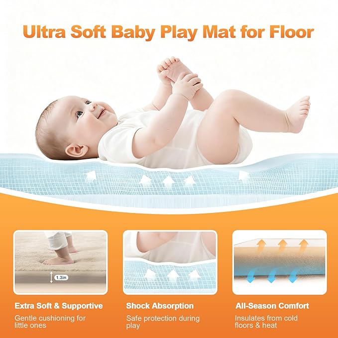 Ultra Soft Baby Play Mat for Floor, 59"×71" Playpen Mat, 1.3" Thick Memory Foam, Non-Slip Tummy Time Mat for Infants, Toddlers, and Kids – Water-Repellent Coral Velvet, Easy Care