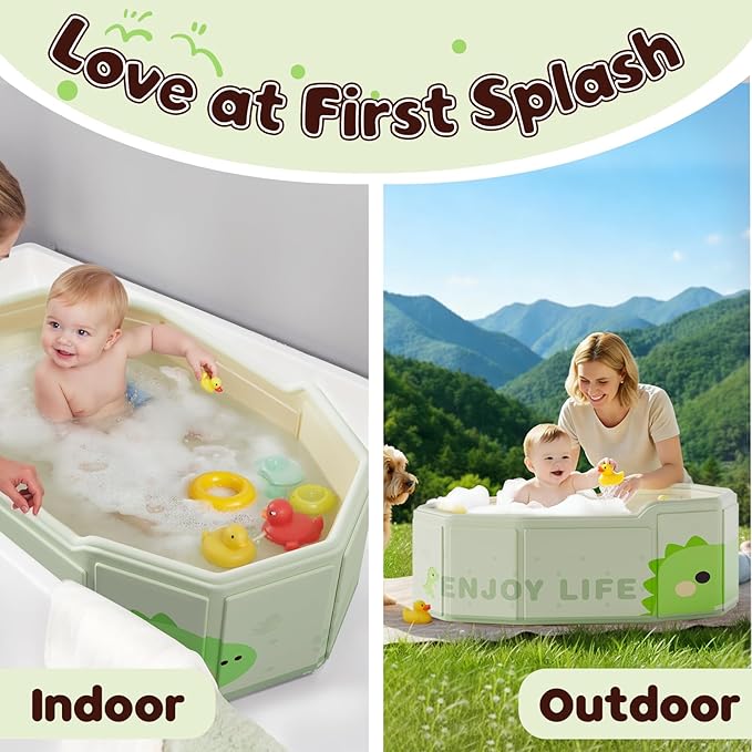 Foldable Baby Bath, Collapsible Baby Bathtub 3M-8Y, Portable Travel Baby Bath Tub with Non-Slip Base, Pop Up Folding Newborn Toddler Shower Tub, Space Saving, Dinosaur Pattern