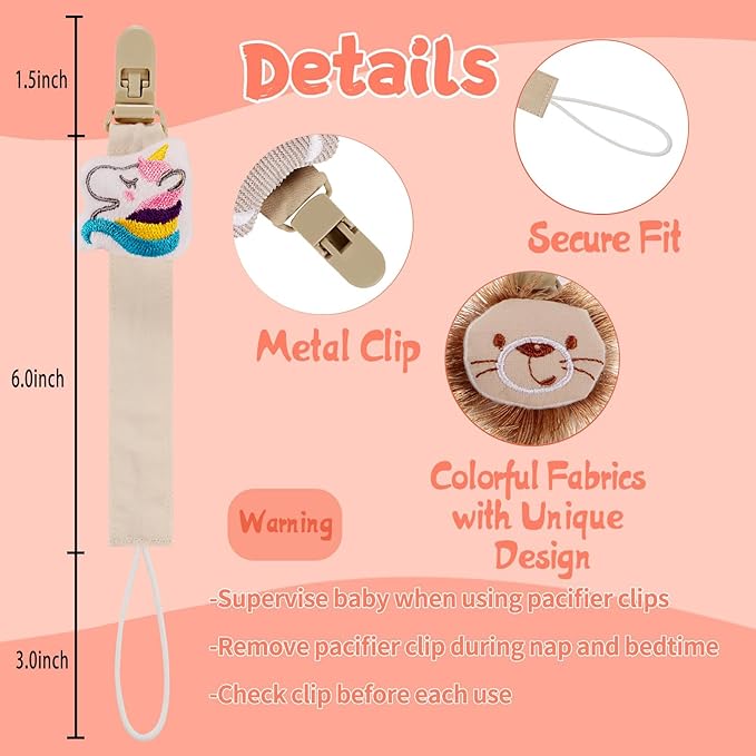 Baby's Breath 5 Pack Animal Pacifier Clips with Adjustable Strap (14.5-18.3 in) – Cute Unicorn Lion Elephant Dinosaur Koala Design, Soft Textile Baby Holder Set for Boys Girls, Neutral Colors