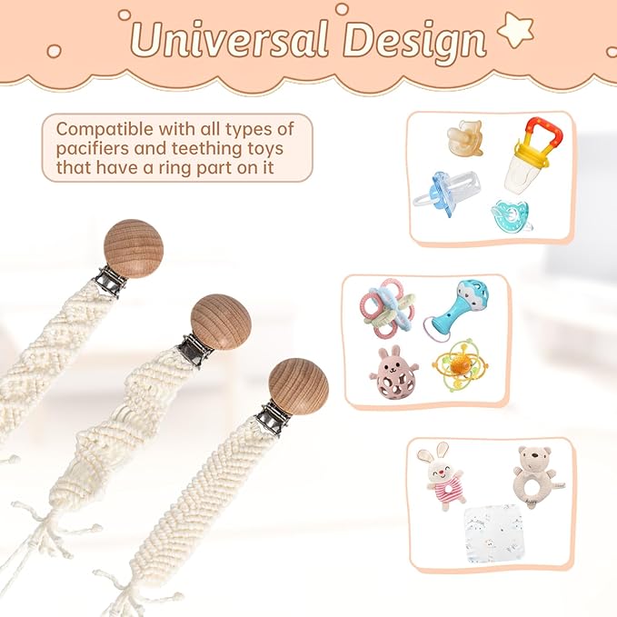 Boho Pacifier Clip for Boys Girls Pacifier Holder Leash Wooden Clips Handmade Braided Cotton Unisex Baby Shower Birthday Gift Christmas Gift (Pattern 8)