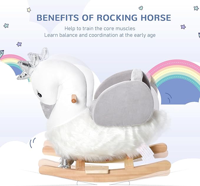 Qaba Rocking Horse, Kids Ride on Horse Swan Rocker with Sound, Plush Seat, Wooden Base, Safety Belt for Toddlers 18-36 Months, White