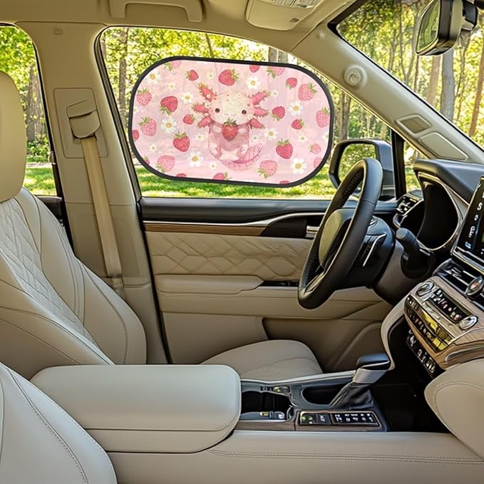 Bulopur Axolotl Strawberry Car Window Shades 2 PCS Auto Size Window Sunshade for Baby in Car Sun Protection and Sun Shade Blocker Easy to Install Universal Automotive Interior Accessories