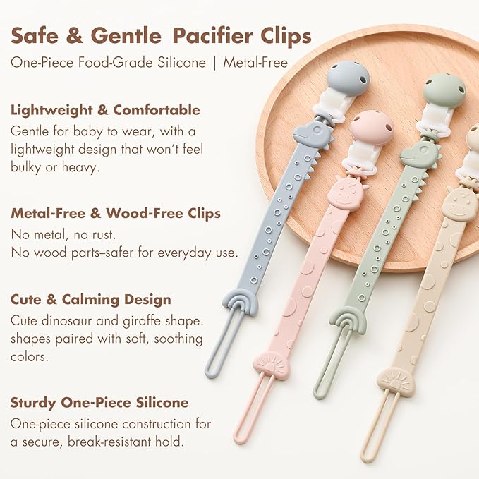 Pacifier Clips for Baby Boys Girls, One-Piece Silicone Pacifier Holder Strap 4 Pack, Binky Paci Clips Animal Rainbow Design, Lightweight Break-Resistant, Dishwasher Safe-Ivory+Sage