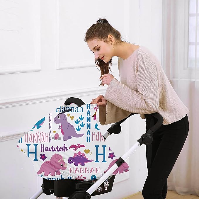 Custom Car Seat Covers for Babies - Purple Dinosaur Print Breathable Baby Car Seat Cover for Girls Boys, Kick-Proof Newborn Carrier Canopy Stretchy Stroller Cover for 4 Seasons(27"x29")