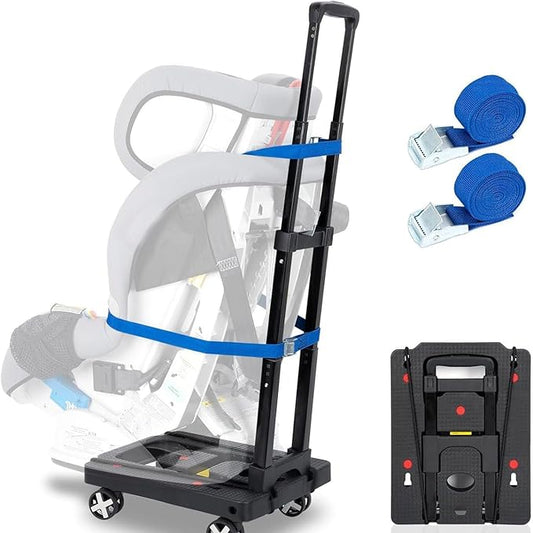Car Seat Travel Cart for Airport, Car Seat Dolly Carseat Roller Foldable Car Seat Carrier Dolly with Blue Straps Trolley Luggage Cart for Transport (Black)