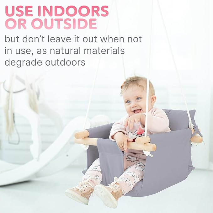 CaTeam - Canvas Baby Swing, Wooden Hanging Swing Seat Chair with Safety Belt, Durable Baby Swing Chair, Outdoor and Indoor Swing for Kids, Mounting Hardware Included, Taupe Gray
