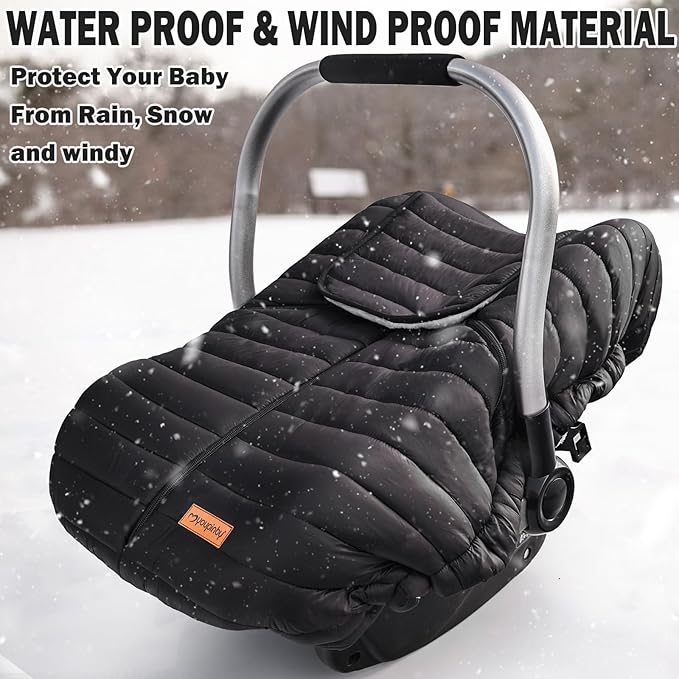 Winter Baby Car Seat Cover, Infant Carseat Canopy for Boys Girls, Cold Weather Warm Car Seat Covers for Babies, Keeps Babies Warm and Cozy, Rain & Snow Repellent, Waterproof, Newborn Essentials,Black