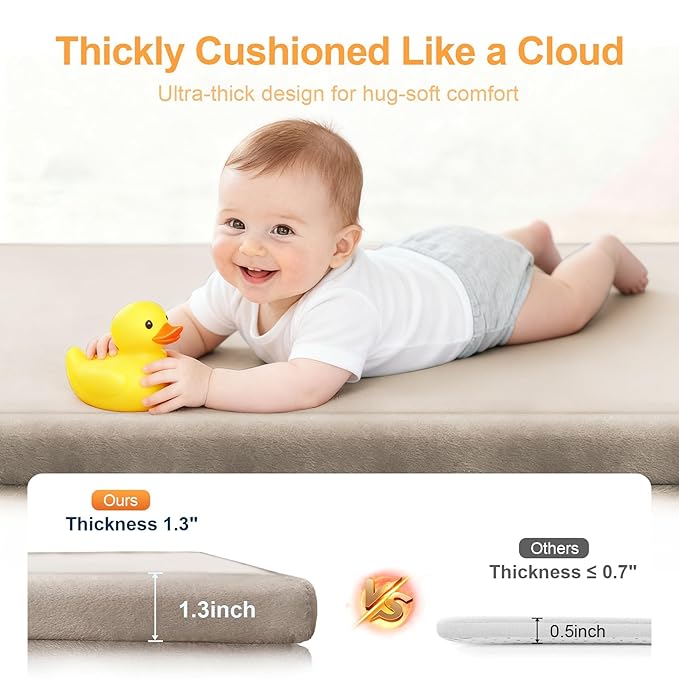 Ultra Soft Baby Play Mat for Floor, 59"×79" Playpen Mat, 1.3" Thick Memory Foam, Non-Slip Tummy Time Mat for Infants, Toddlers, and Kids – Water-Repellent Coral Velvet, Easy Care