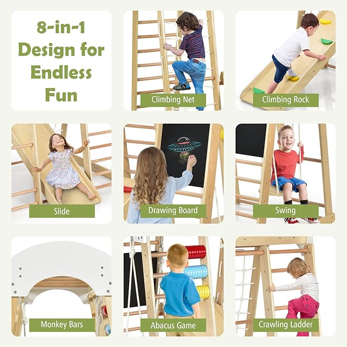 Costzon Indoor Playground, 8-in-1 Montessori Jungle Gym Beech Wood Climbing Toys for Toddlers w/Double-Sided Slide, Climbing Rock/Net, Indoor Playground Climber Playset for Kids 3+ Years (Natural)
