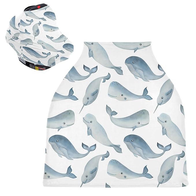 Watercolor Narwhal Whale Cachalot Beluga Animal Pattern Stretchy Baby Car Seat Cover Infant Canopy Nursing Covers Breastfeeding Cover Breathable Windproof Winter Scarf for Boys Girls