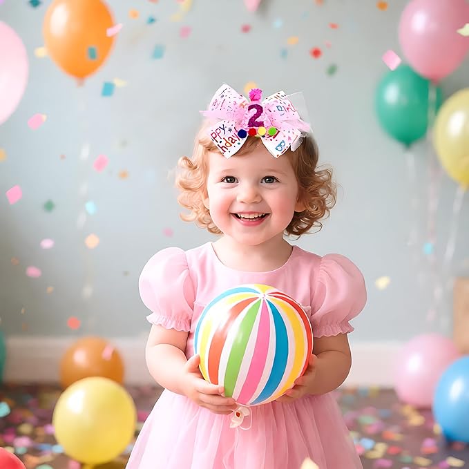 Birthday Hair Bow for Baby Girls 1 2 3 4 5 6 Years Sprinkle Decorations Party Pink Hair Accessories for Two 2nd Birthday Confetti Ice Cream