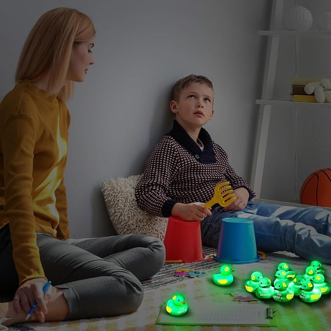 Deekin 100 Pcs LED Light up Mental Health Rubber Duck Mental Health Awareness Items 2'' Green Ribbon Cute Small Rubber Ducks Glow Toy Gifts for Fundraiser Party Supplies