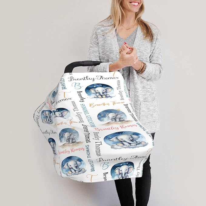 Personalized Baby Car Seat Covers for Babies, Custom Elephant Nursing Breastfeeding Carseat Canopy with Name, Infant Stroller Covers for Newborn Girls Boys, Breathable Carseat Cover
