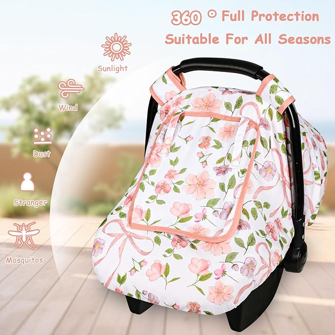 Windproof Baby Car Seat Cover, 3D Mink Dot Infant Car Seat Canopy with Breathable Mesh Window, Baby Carrier Cover for All Seasons, Easy Access Carseat Carrie Snug Fit Stroller, Pink Bow