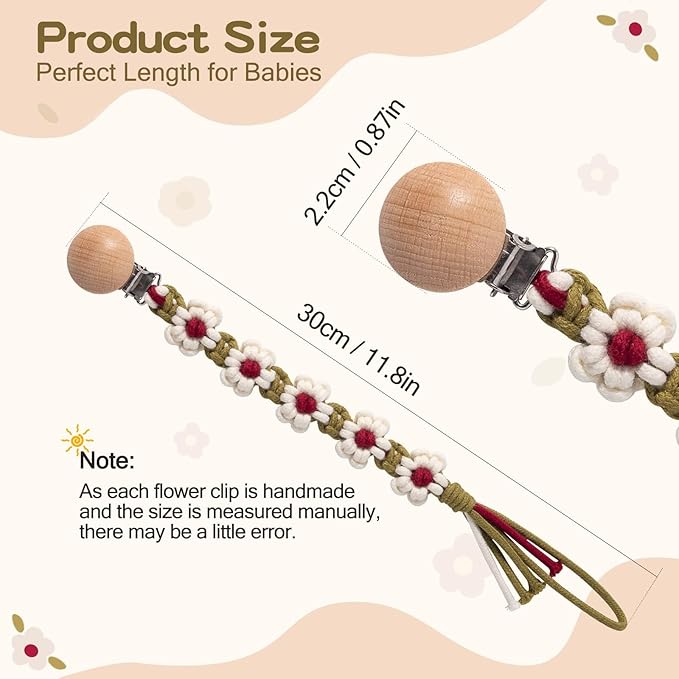 Braided Pacifier Clip for Boys Baby Girls Floral Daisy Macrame Paci Clip Boho Wooden Clips Handmade Cotton Binky Clips Baby Shower Birthday Gift