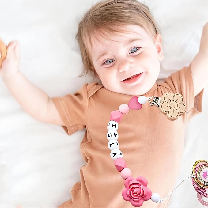 Personalized Flower Pacifier Clip Custom Baby Name Personalized Baby Gift Flower Pacifier Holder Beech Wooden Clip (Style 1)
