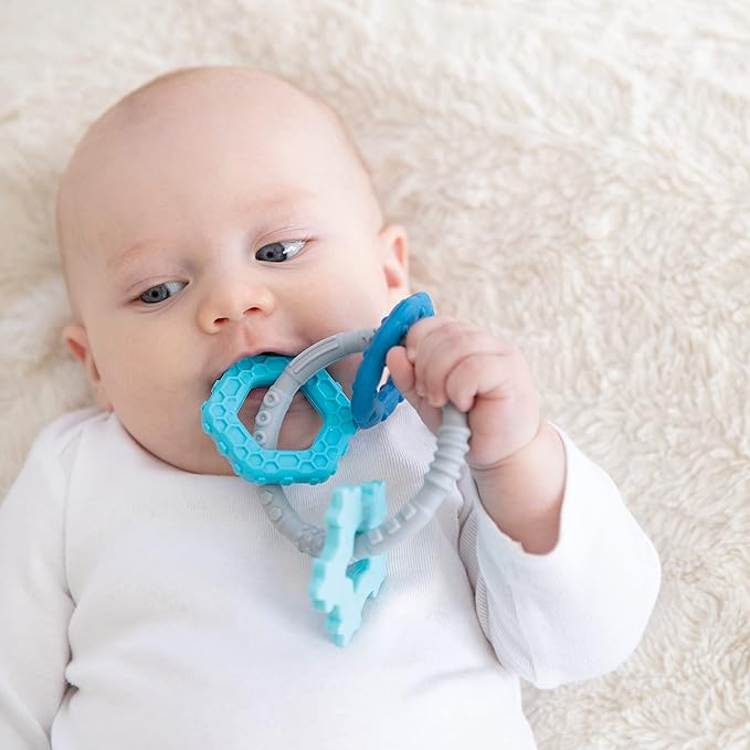 Bumkins Baby Teething Freezer Toy Keys Rings, Soft Flexible Pacifier to Chew, Cool Teether Gum Relief, Babies 3 Months, Freezable Platinum Silicone, Sensory Bracelet with Charms, Blue and Gray